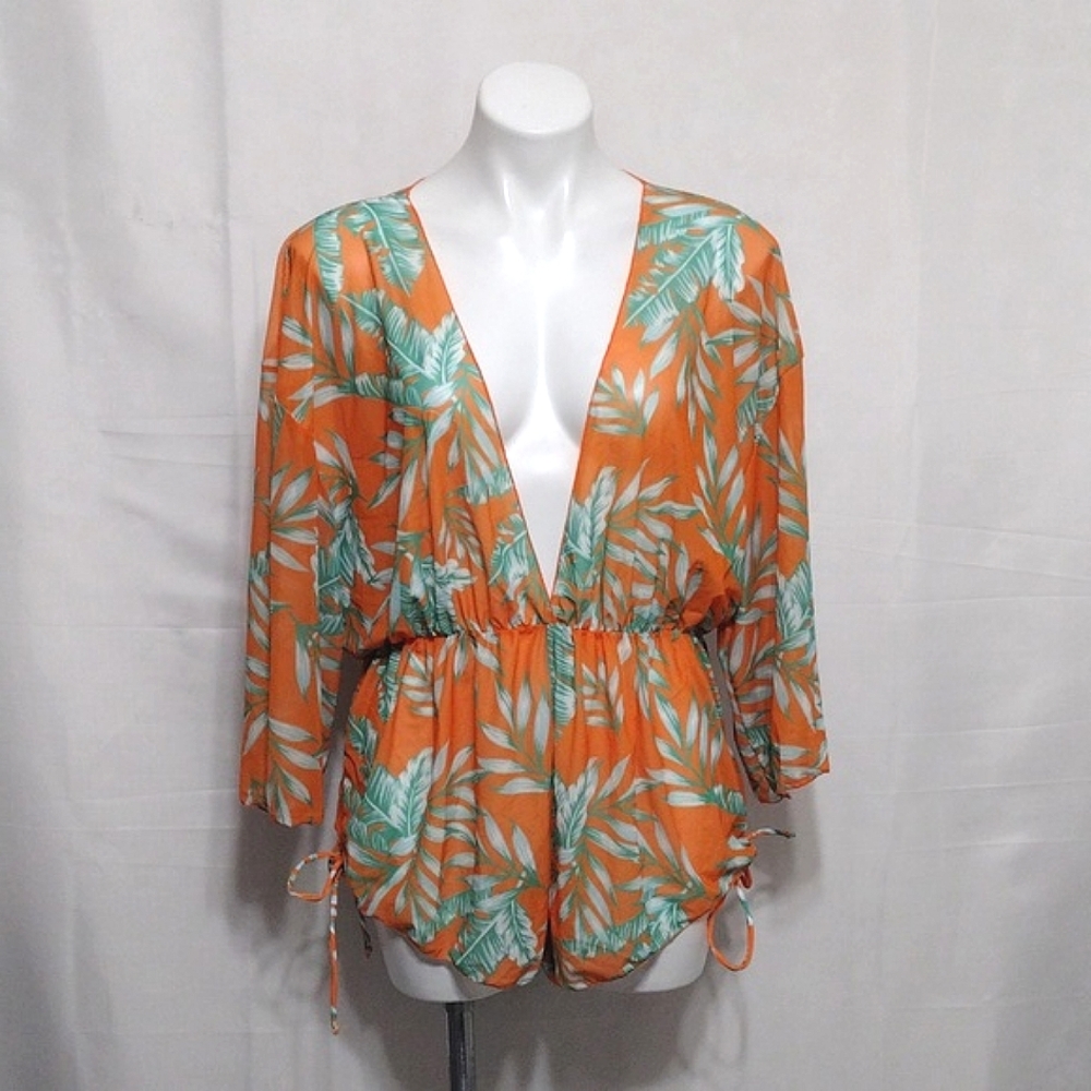 Sheer Tropical Cover Up Romper Plunge V Neck Cinched Waist Beach Resort XL - Picture 5 of 14
